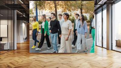 Side view of multiethnic group of cheerful friends walking down the street and looking forward Wall mural