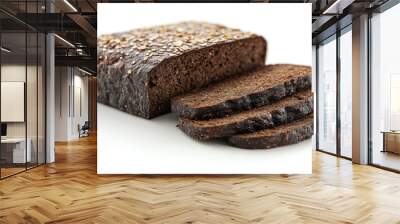 Sliced dark bread with sesame seeds on a white background. Wall mural