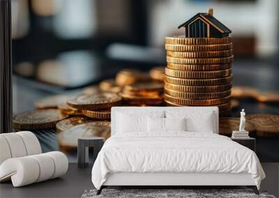 Stacked coins with a miniature house, symbolizing real estate investment. Wall mural