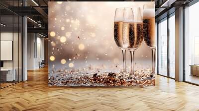 Three champagne glasses with bubbles and festive decorations. Wall mural