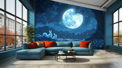 Two White Rabbits Gaze at the Full Moon in a Dreamy Forest Wall mural