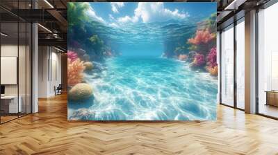 Underwater scene showcasing vibrant corals and clear blue water. Wall mural