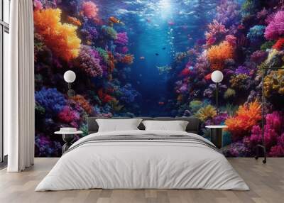 Vibrant underwater scene with colorful coral reefs and fish. Wall mural