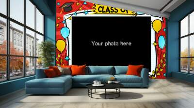 Graduation photo frame in pop art style for 2021. Bright page for class photos. Template for the design of frames for graduates, photographs, posters, cards, stickers. Vector illustration. Wall mural