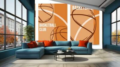 Basketball sport background set. Design cards with balls, basketball hoop and text for basketball tournament announcement, sport flyers, banners, web and print. Sport, team play concept. Wall mural