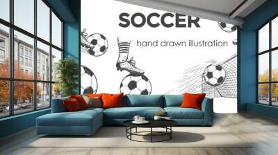 Black and white monochrome football soccer balls set. Vintage Engraving Balls collection isolated on white background. Sketch style. Wall mural