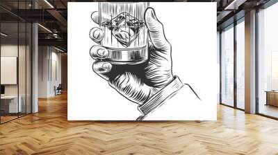 Hand holding whiskey or liquor glass. Scotch rum gin or brandy. Vector hand drawn sketch engraved vintage style. Cognac glass isolated on white background. Hand drawn ink sketch Wall mural