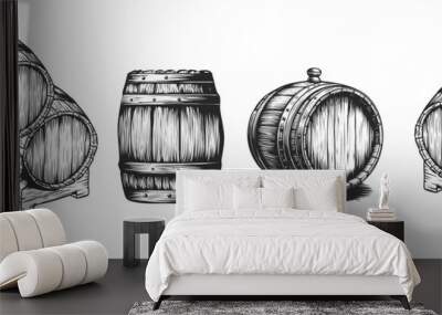 Wooden barrels vintage icons set. Hand drawn sketch vector illustration of different cask collection. Wine, beer, whiskey storage container isolated on white background. Old winery design elements Wall mural