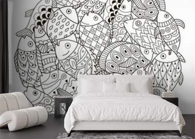 Circle shape pattern with ornamental fish for coloring book Wall mural