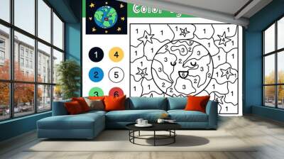 Color the picture with a cute planet Earth by numbers. Space activity page for kids. Preschool educational worksheet. Counting game template. Vector illustration Wall mural