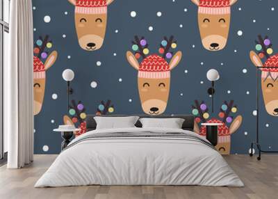 Cute deer heads seamless pattern. Christmas background. Vector illustration Wall mural