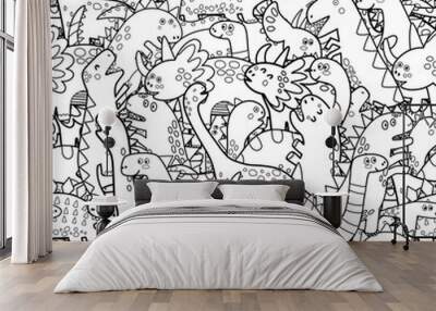 Cute dinosaurs black and white seamless pattern. Doodle dinos coloring page Wall mural