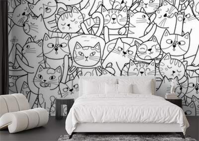 Cute doodle cats black and white seamless pattern for kids. Funny feline characters coloring page. Outline background. Vector illustration Wall mural