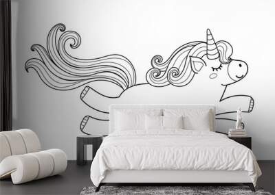 Cute magic unicorn black and white character. Beautiful fairy tale animal in cartoon style. Flying pony isolated on white background. Vector illustration Wall mural