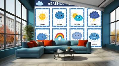 Cute weather flashcards collection. Flash cards set with funny sun and cloud characters. Learning forecast vocabulary for school and preschool. Vector illustration Wall mural