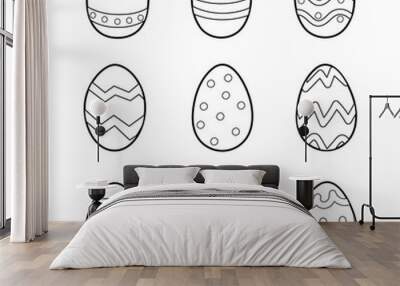 Easter doodle eggs with ornament coloring page. Spring holidays black and white elements for coloring book. Vector illustration Wall mural