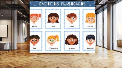 Emotions flashcards collection. Flash cards set with cute kids characters for practicing reading skills. Learn feelings vocabulary for school and preschool. Vector illustration Wall mural