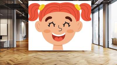 Happy girl face. Little kid smiling clipart. Excited emotion. Emotional expression head close-up. Feeling concept vector illustration Wall mural