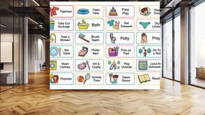 Kids daily routine chores collection. Responsibilities list for the chore chart. Morning and evening tasks set. Vector illustration Wall mural