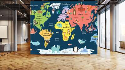 Map of the world with cute animals. Colorful cartoon map Wall mural