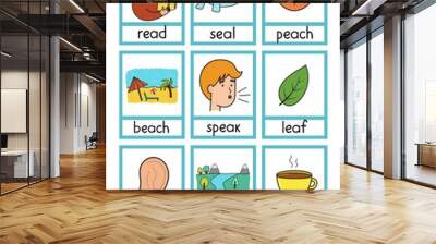 Phonics flashcards with -ea- spelling rule. Flash cards with phonics sound words and pictures activity for kids. Vector illustration Wall mural