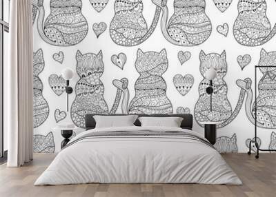 Romantic cats seamless pattern. Great for coloring book, wrapping, printing, fabric and textile. Vector illustration Wall mural