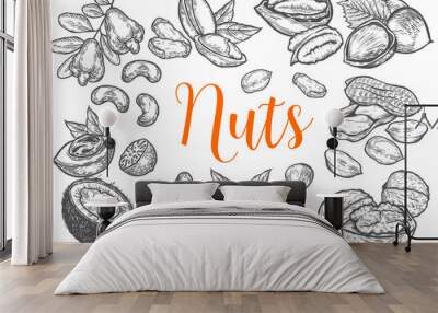 Hazelnut, almond, walnut, peanut, coconut, pecan, pistachio, cashew, nutmeg seed vector. Isolated on white background. Nut milk, butter food ingredient. Engraved hand drawn illustration. Wall mural