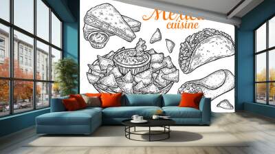 mexican traditional food vector hand drawn illustration set, menu label, banner poster identity, bra Wall mural