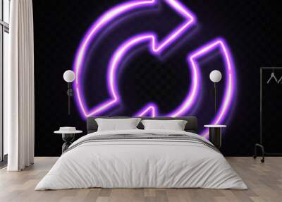 Purple neon light recycling symbol isolated on dark transparent background. Glowing led illuminated recycle logo ecology icon. Waste eco 2 arrows in circle sign. Bright ecological vector illustration. Wall mural