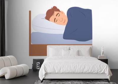 Sleeping man flat icon isolated on white background. Get enough sleep concept. Male person sleeps in bedroom. Healthy lifestyle Tired character has dream rest Cartoon people design vector illustration Wall mural