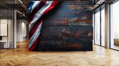 American Flag Draped Over Rustic Wooden Background - Patriotic Texture with Vintage Appeal. copy space concept independence day Wall mural