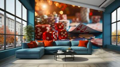 Casino chips and red gaming dice and poker cards, on dark background with bokeh, blur golden background. Concept of casino game poker, card playing, gambling chips banner backdrop background Wall mural