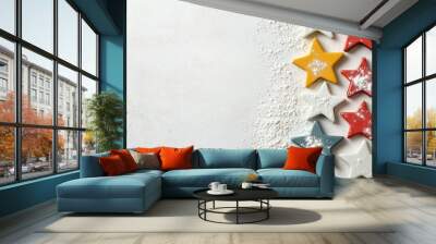 Colorful Star-Shaped Cookies with Sprinkle of Powdered Sugar on Light Background Wall mural