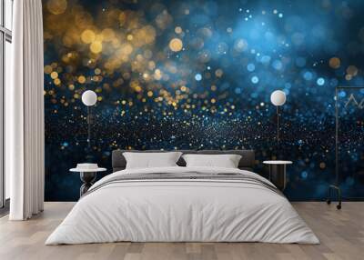 Festive celebration holiday christmas, new year, new year's eve banner template illustration - Abstract gold bokeh lights on dark blue background texture, de-focused. Dark blue and gold particle. Wall mural