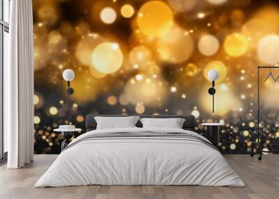 Golden Bokeh Lights Sparkling on Elegant Black Background for Celebratory Occasions, copy space Wall mural