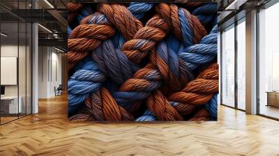 Knitted wool fabric blue brown colors, multicolor texture background. Merino wool  handmade knitted background. Concept of knitting, sewing, needlework, hobby. Wall mural