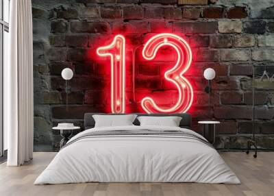 Lucky or Unlucky: Vibrant Red Neon Number 13 on a Brick Wall Wall mural