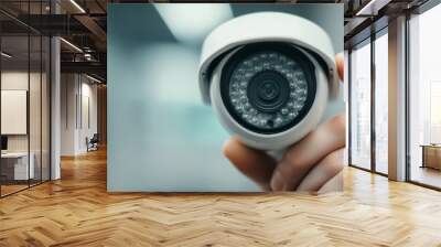 Modern Surveillance Technology: Close-up of Human Hand Adjusting CCTV Security Camera Wall mural