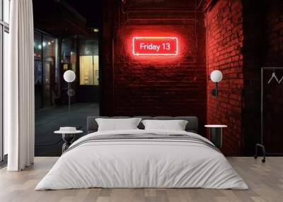 Mysterious Friday the 13th Neon Sign Illuminating a Dark Brick Alleyway Wall mural