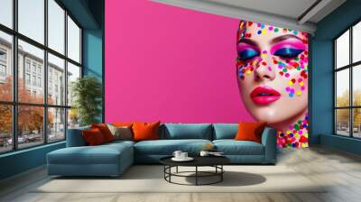 Vibrant Confetti Makeup on Model Against Pink Background Wall mural