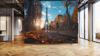 Athletes run against the backdrop of the Eiffel Tower in Paris, taking part in the 2024 Olympic Games Wall mural