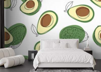 Avocado seamless pattern. Hand draw vector illustration on isolated white background Wall mural