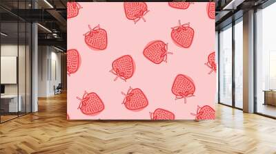 Vector food illustration with strawberry. Doodle hand drawnstrawberry seamless pattern on white background. Background for gift wrapping paper, fabric, clothes, textile, surface textures, scrapbook. Wall mural