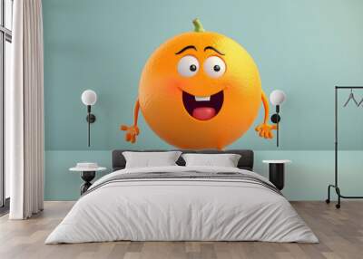 Cheerful cartoon orange character with cute smile. Sweet orange fruit, happy funny food personage. Healthy food concept.  Wall mural