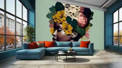 Collage of retro image of black woman's head with flowers, Caribbean style. Generative AI Wall mural