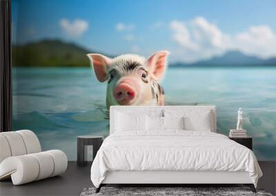 Little cute pig is bathing in clear glassy sea. Generative AI. Wall mural