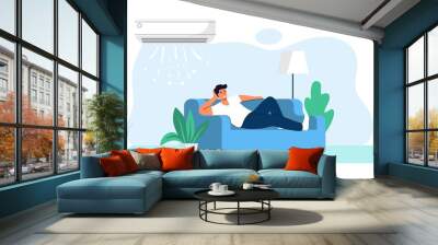 Home air conditioning Climate control concept House cooling Comfort living Young man is resting home on the couch with the air conditioner on Air cooling Vector graphic illustration Digital technology Wall mural