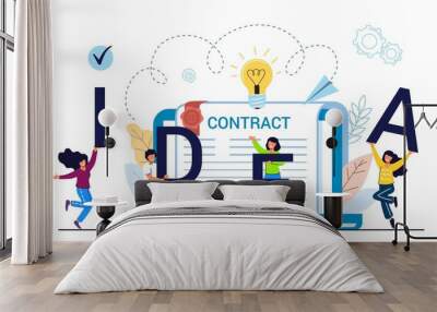 Idea solution discovery Eureka or AHA moment as flat tiny persons concept Teamwork success Partnership Cooperation and collaboration supported by colleagues and work achievement gain together Wall mural