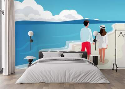 Young couple man and woman walking on the beach hold hands vector illustration. Beach scene on sea vacation resort summer holidays. Maldives Wall mural