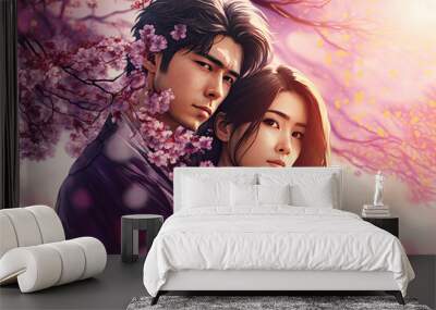 A beautiful Asian couple hugs under the branches of cherry blossoms. Anime style drawing generated by AI. Wall mural